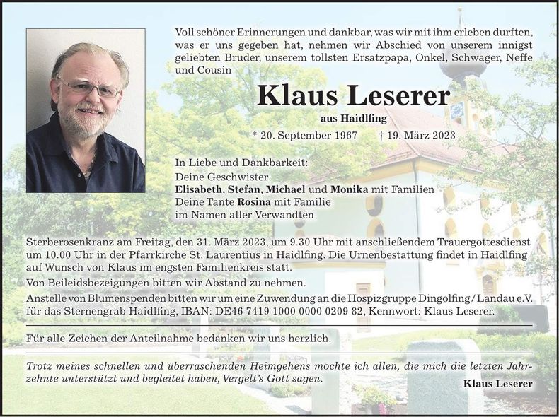 Traueranzeige Klaus Leserer