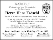 Traueranzeige Hans Fröschl