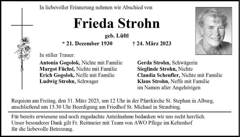 Traueranzeige Frieda Strohn