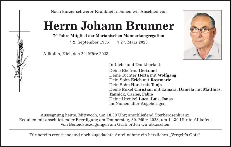 Traueranzeige Johann Brunner
