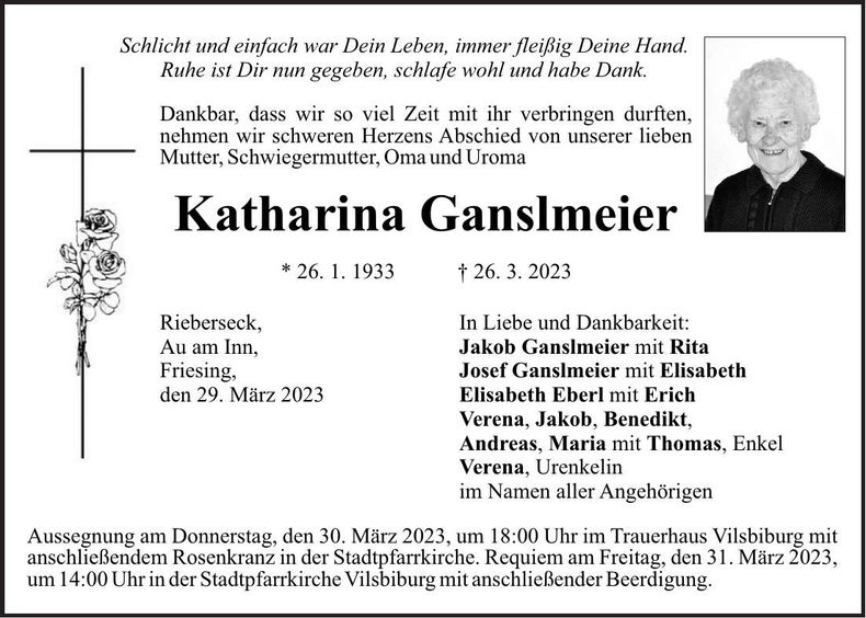 Traueranzeige Katharina Ganslmeier