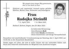 Traueranzeige Radojka Sträußl
