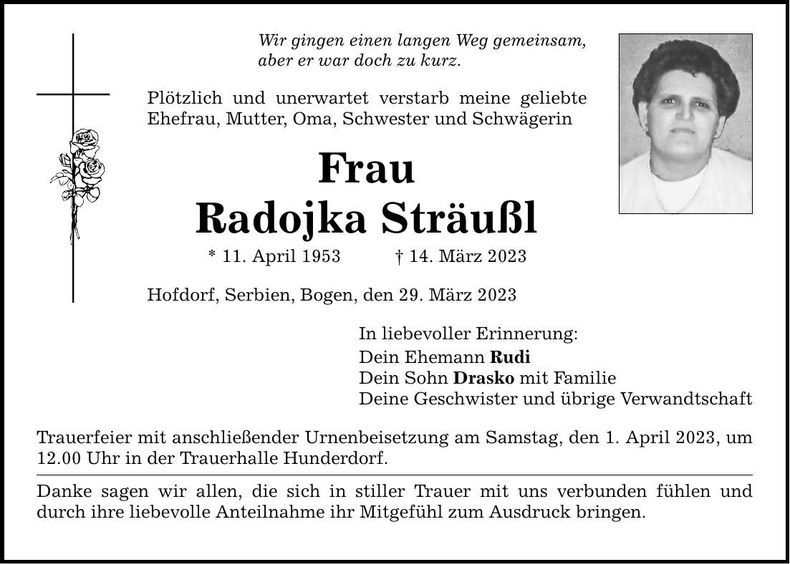 Traueranzeige Radojka Sträußl