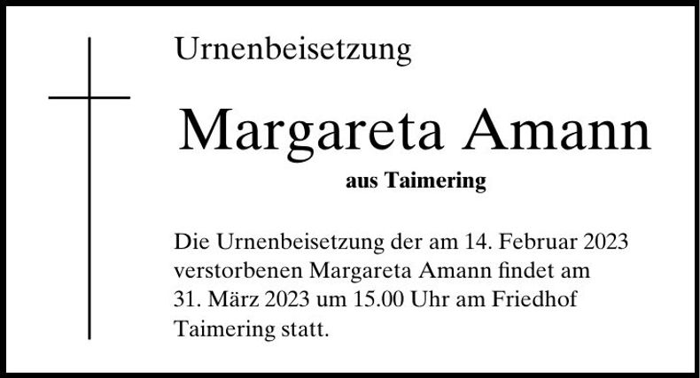 Traueranzeige Margareta Amann