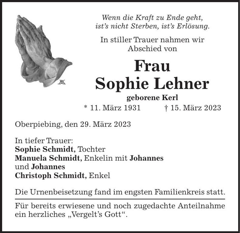 Traueranzeige Sophie Lehner