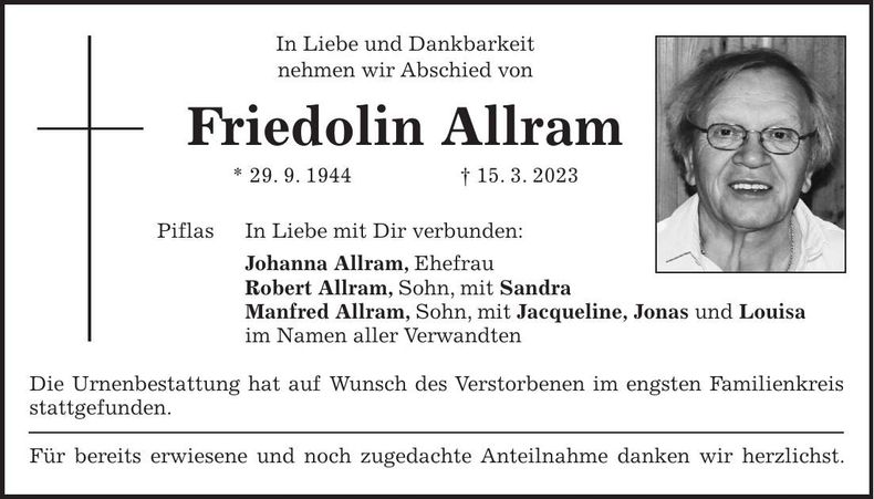 Traueranzeige Friedolin Allram