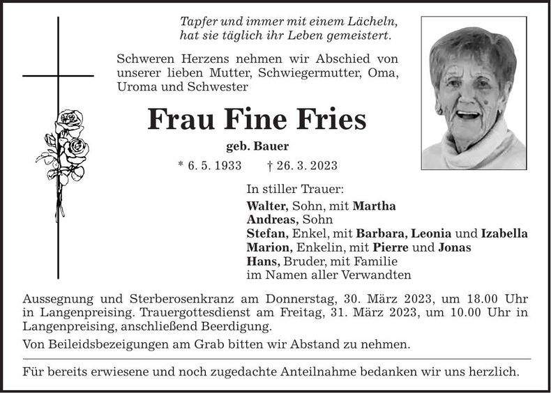 Traueranzeige Fine Fries