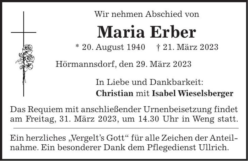 Traueranzeige Maria Erber