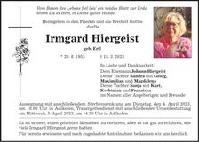 Traueranzeige Irmgard Hiergeist