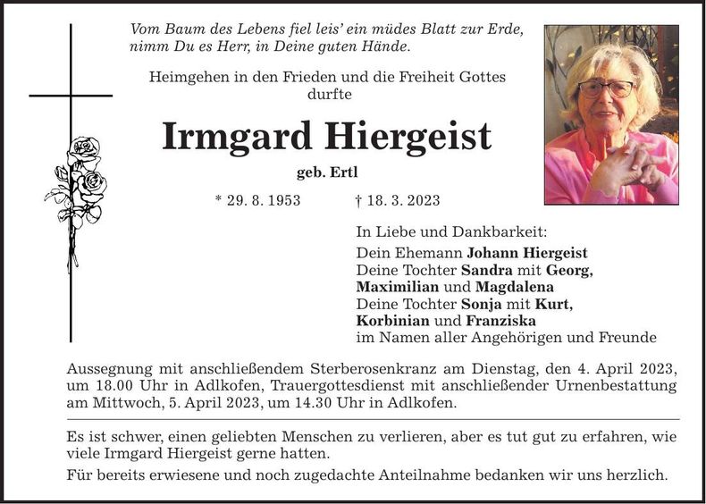 Traueranzeige Irmgard Hiergeist