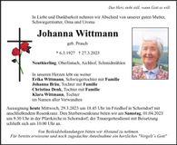 Traueranzeige Johanna Wittmann