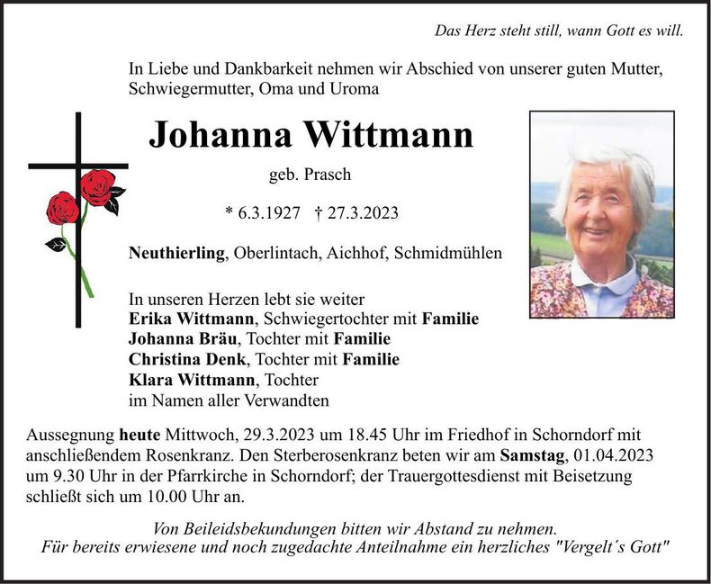 Traueranzeige Johanna Wittmann