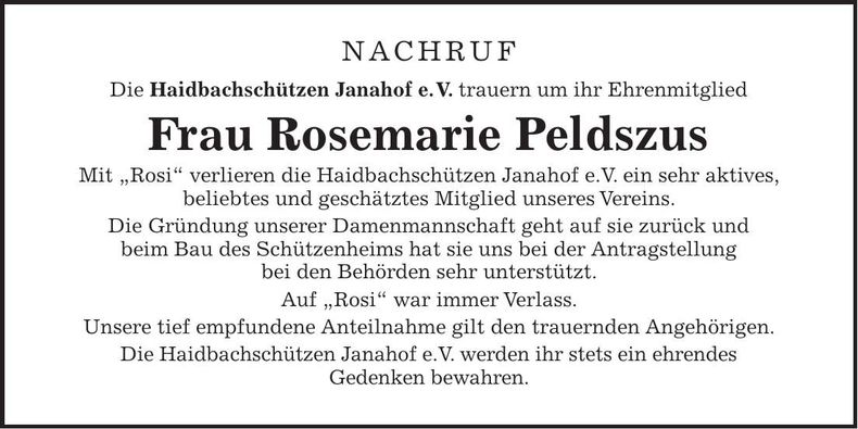 Traueranzeige Rosemarie Peldszus