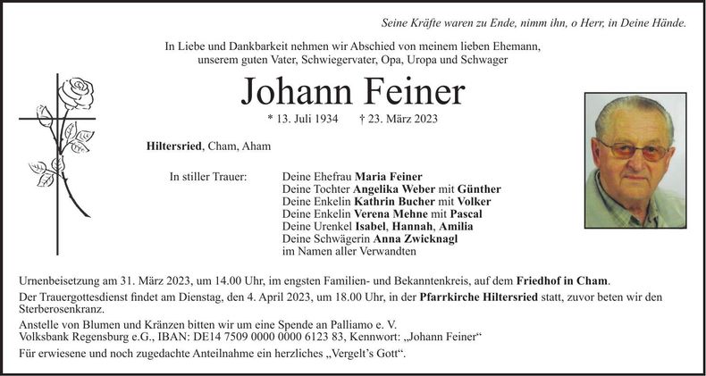Traueranzeige Johann Feiner