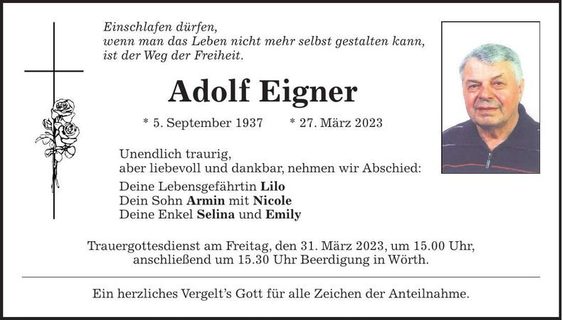 Traueranzeige Adolf Eigner