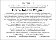 Traueranzeige Johann Wagner