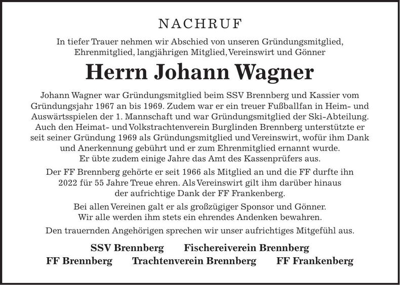 Traueranzeige Johann Wagner