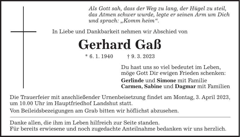 Traueranzeige Gerhard Gaß