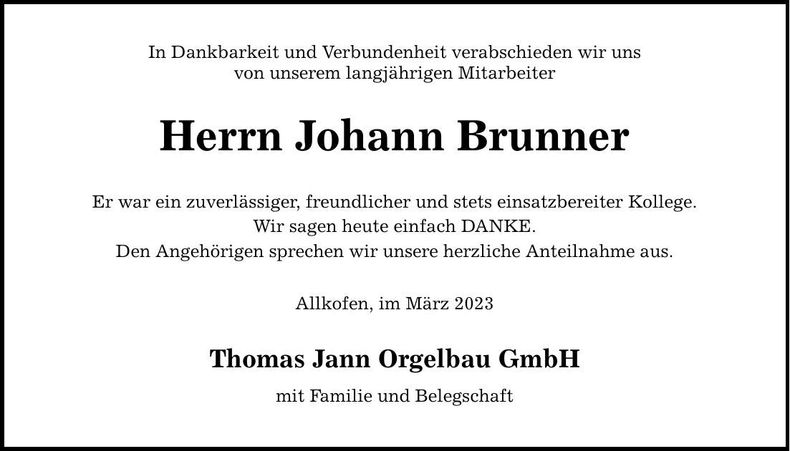 Traueranzeige Johann Brunner