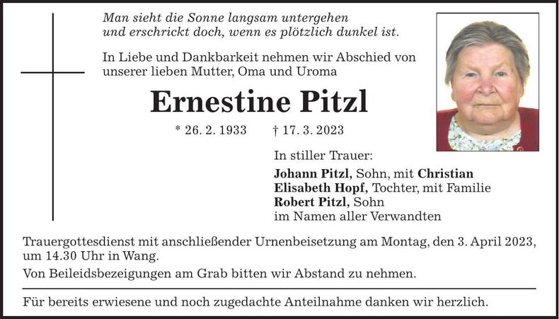 Traueranzeige Ernestine Pitzl