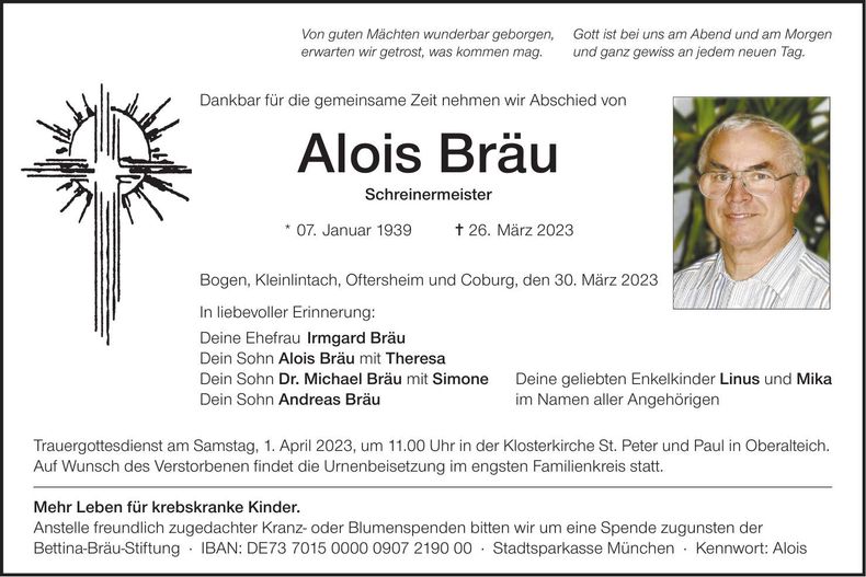 Traueranzeige Alois Bräu