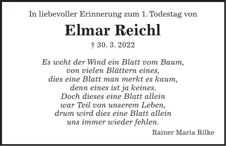Traueranzeige Elmar Reichl
