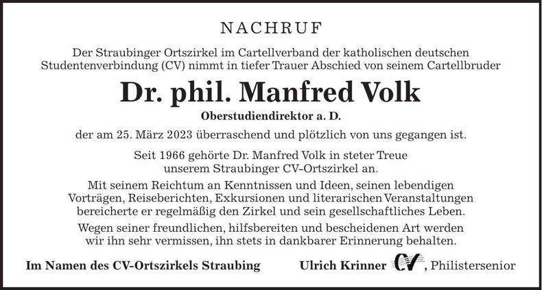 Traueranzeige Manfred Volk
