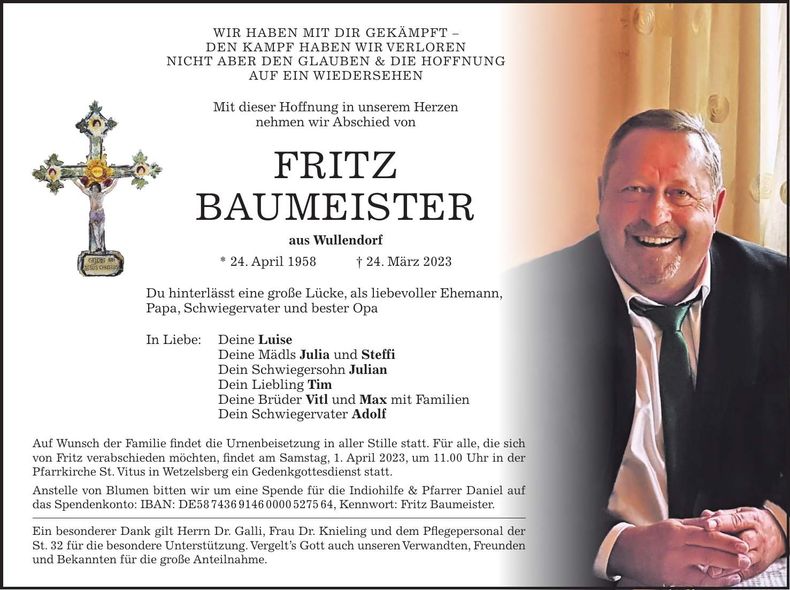 Traueranzeige Fritz Baumeister