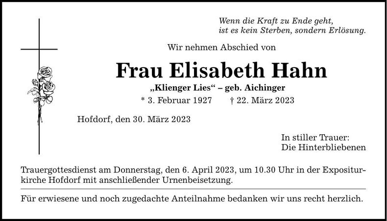 Traueranzeige Elisabeth Hahn