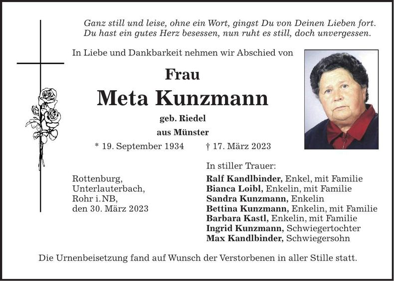 Traueranzeige Meta Kunzmann
