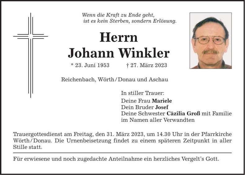 Traueranzeige Johann Winkler