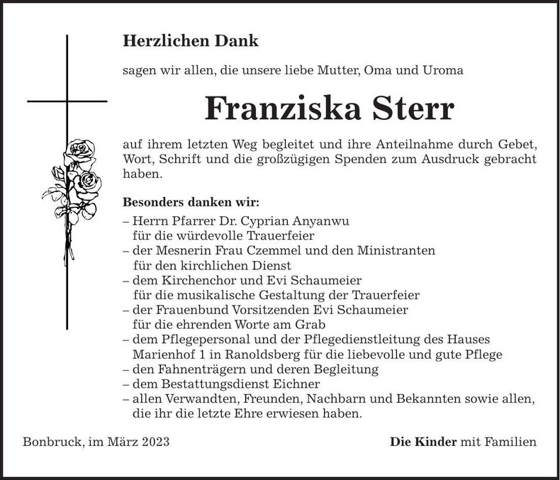 Traueranzeige Franziska Sterr