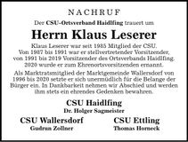 Traueranzeige Klaus Leserer