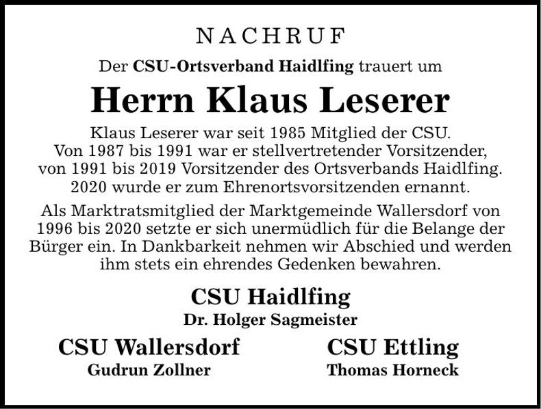 Traueranzeige Klaus Leserer