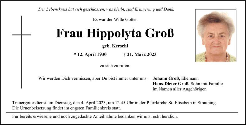 Traueranzeige Hippolyta Groß