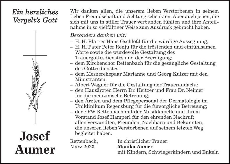 Traueranzeige Josef Aumer