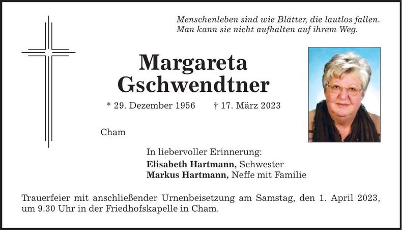 Traueranzeige Margareta Gschwendtner