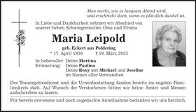 Traueranzeige Maria Leipold