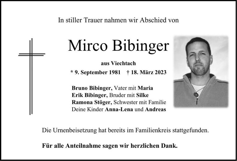 Traueranzeige Mirco Bibinger