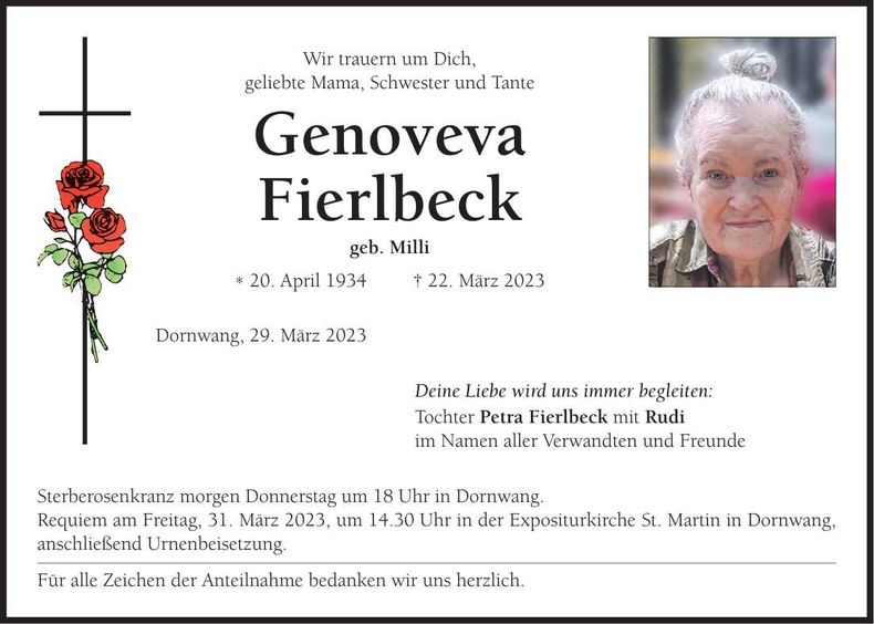 Traueranzeige Genoveva Fierlbeck