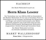 Traueranzeige Klaus Leserer