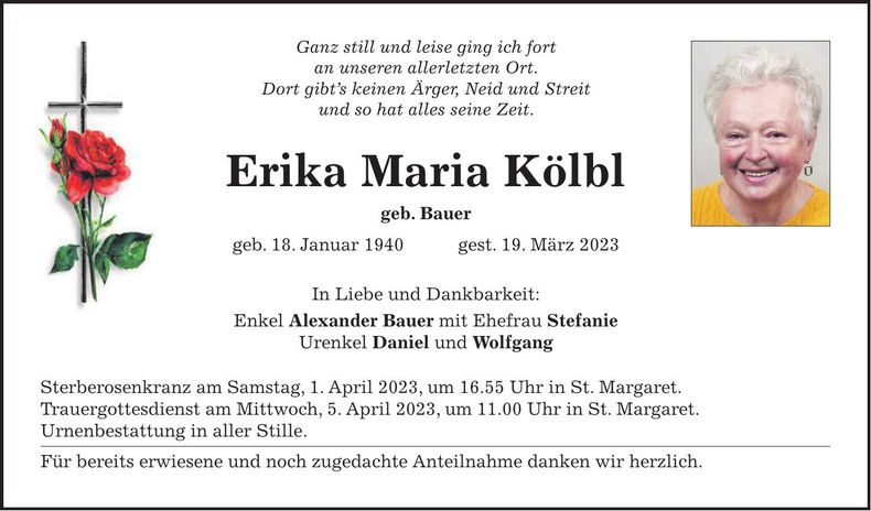 Traueranzeige Erika Maria Kölbl
