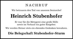 Traueranzeige Heinrich Stubenhofer