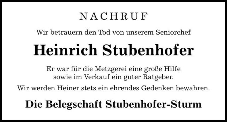 Traueranzeige Heinrich Stubenhofer