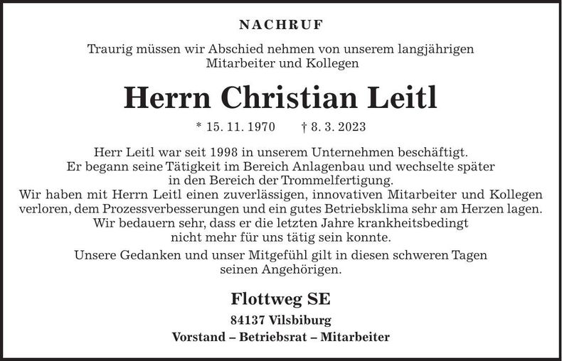 Traueranzeige Christian Leitl