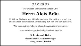 Traueranzeige Alois Bräu