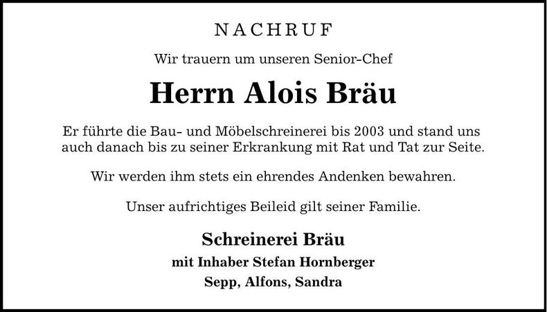 Traueranzeige Alois Bräu