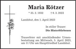 Traueranzeige Maria Rötzer