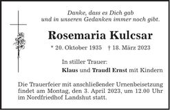 Traueranzeige Rosemaria Kulcsar