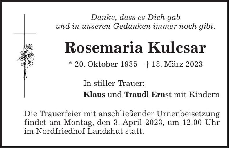 Traueranzeige Rosemaria Kulcsar